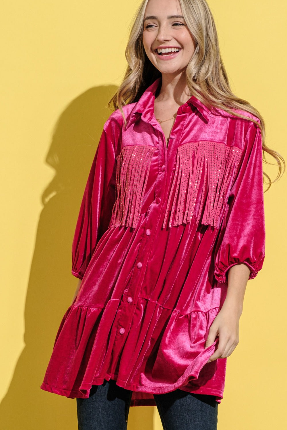 Fringe Detailed Velvet Shirt Dress